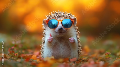 a cute hedgehog wearing sunglasses and doing thumb-up 
