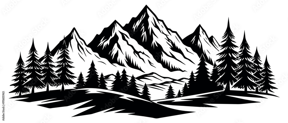 Black and white mountains with pine trees. Vector illustration