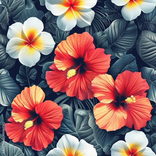 Wallpaper Mural Tropical Floral Pattern With Hibiscus and Plumeria on Dark Background Torontodigital.ca