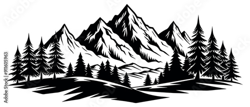 Black and white mountains with pine trees. Vector illustration