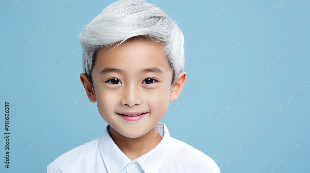 Portrait of a cute handsome happy Asian boy child blond with white hair and perfect skin, light blue background, banner.