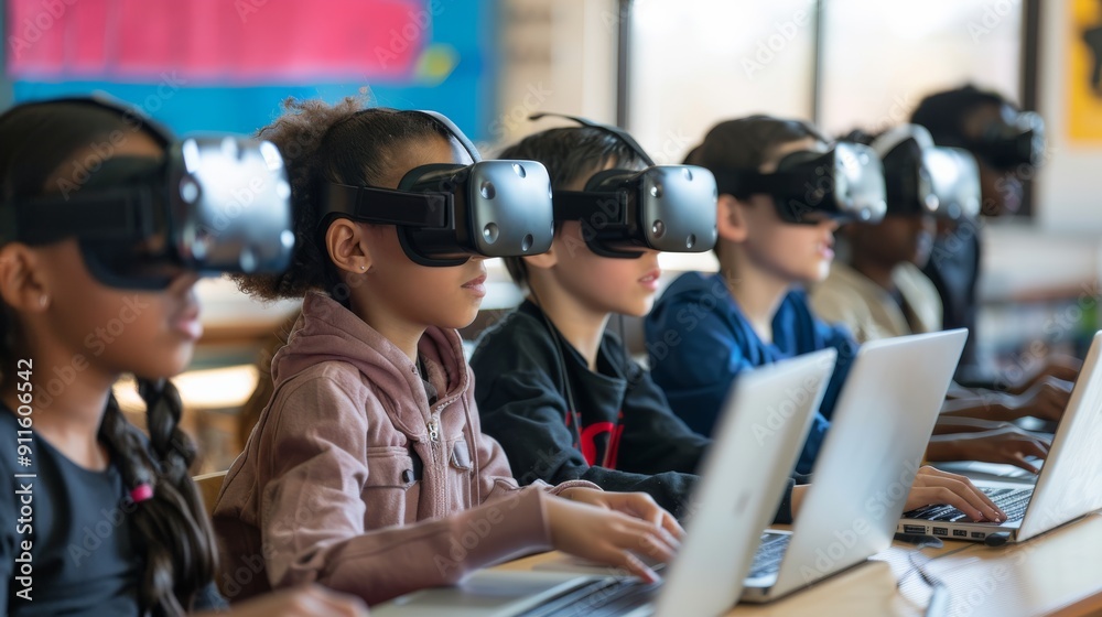 Research is conducted on the benefits of using VR headsets and laptops in modern classrooms for interactive and immersive learning experiences by students, integrating technology in education Research is conducted on the benefits of using VR headsets and laptops in modern classrooms for interactive and immersive learning experiences by students, integrating technology in education