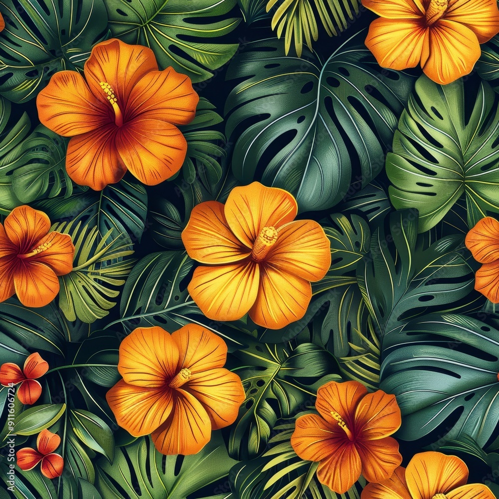 Tropical Floral Pattern With Vibrant Hibiscus and Lush Green Leaves Tropical Floral Pattern With Vibrant Hibiscus and Lush Green Leaves
