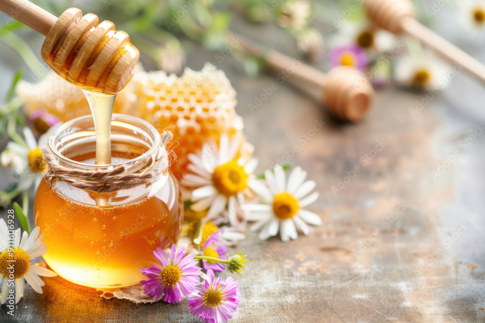 Fresh honey dripping from a wooden dipper into a jar, surrounded by flowers and honeycomb on a rustic wooden table. Fresh honey dripping from a wooden dipper into a jar, surrounded by flowers and honeycomb on a rustic wooden table.
