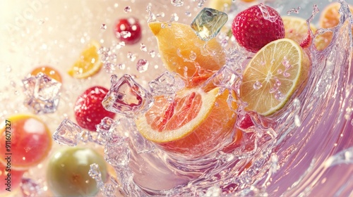 Refreshing splash of mixed citrus fruits, strawberries, and ice cubes in water with a vibrant background, summer 3d background