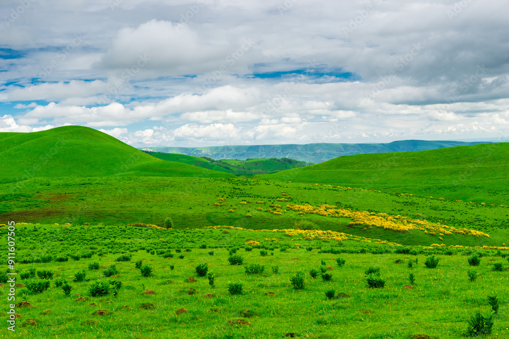 Obraz premium Picturesque green hills in cloudy weather. Caucasus