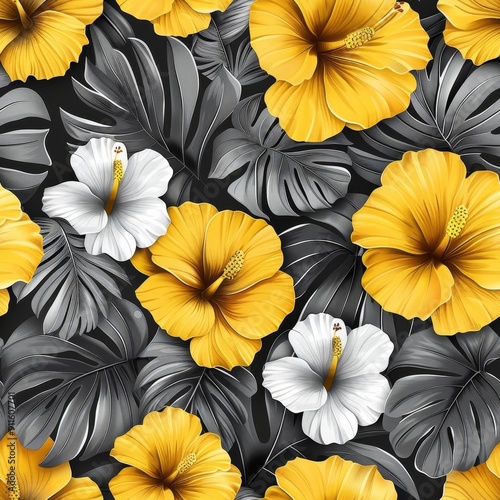 Minimalistic Tropical Floral Pattern With Yellow and White Hibiscus Against Dark Background