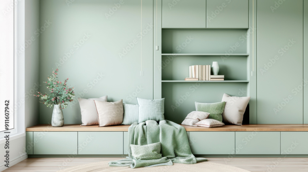 Fototapeta premium Modern interior design featuring green accents, cozy cushions, and a tranquil atmosphere in a stylish room.