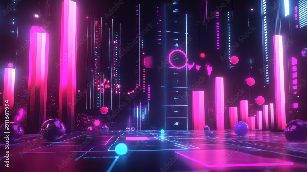 Abstract depiction of financial graphs and charts in neon colors Abstract depiction of financial graphs and charts in neon colors