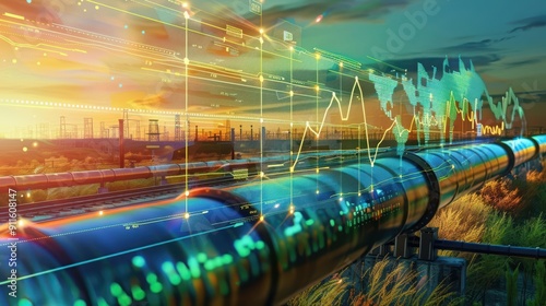 Futuristic oil and gas pipeline with digital graphs overlay at sunset, symbolizing energy, technology, and industry innovation.