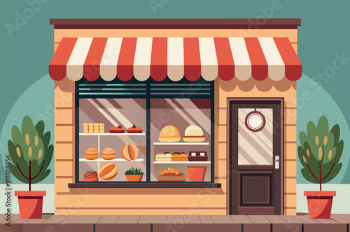 A small bakery shop with red and white striped awning. Vector illustration