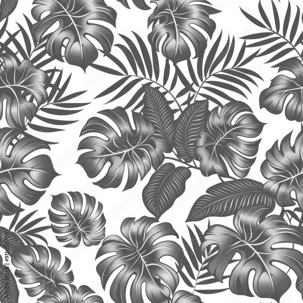 Monochrome Tropical Pattern Featuring Lush Foliage in a Seamless Design Monochrome Tropical Pattern Featuring Lush Foliage in a Seamless Design