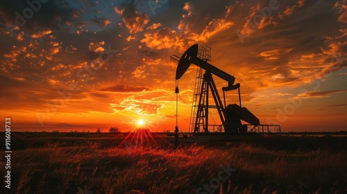 Pumpjack silhouette at sunset in an oil field, showcasing industrial energy production with dramatic sky and vibrant colors.