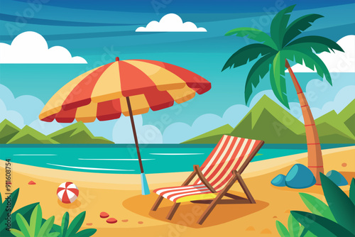 Relaxing on a tropical beach with an umbrella and lounge chair. Vector illustration