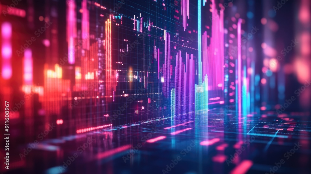 Abstract depiction of financial graphs and charts in neon colors Abstract depiction of financial graphs and charts in neon colors