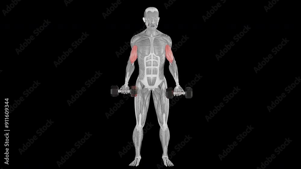 Dumbbell bicep curl exercise demonstration with muscle identification - front view Dumbbell bicep curl exercise demonstration with muscle identification - front view