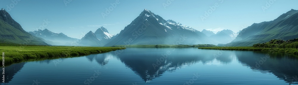 Fototapeta premium Realistic representation of a serene mountain landscape with crystalclear lakes and lush forests, capturing the tranquility and natural beauty in vivid detail for Midjourney