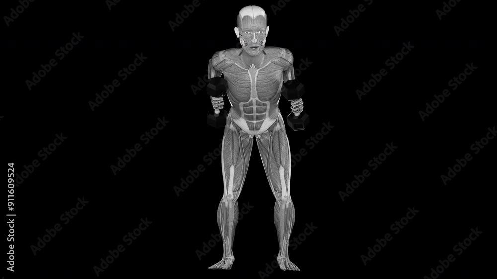 Dumbbell bent over row exercise demonstration with muscle identification - front view Dumbbell bent over row exercise demonstration with muscle identification - front view