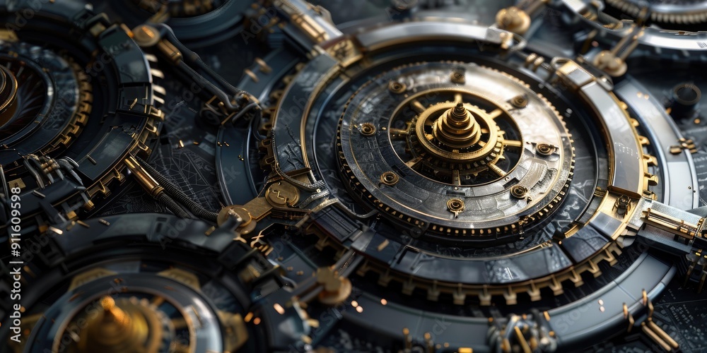 Close-up of intricate clockwork gears. Close-up of intricate clockwork gears.