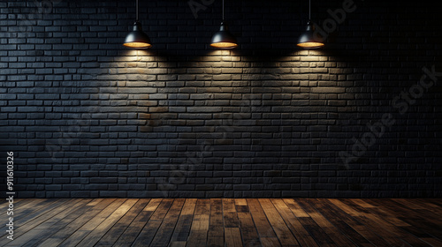 Black Brick Wall with Wooden Floor and Lamps photo