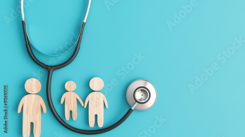 A symbolic representation of healthcare with wooden figures and a stethoscope on a blue background, emphasizing family wellness. photo