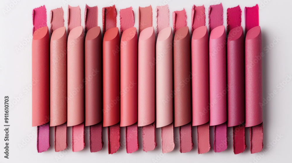 A vibrant array of lip colors displayed in a line, showcasing various shades from soft pinks to deep reds.