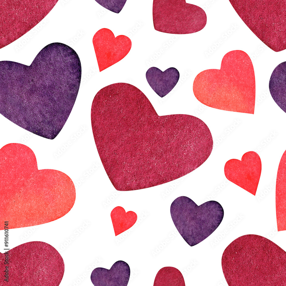 Fototapeta premium Seamless pattern of hearts of different shapes and colors. Heart ornament. Valentine's Day. Watercolor illustration for background design, packaging, textiles, notepads, ceramics