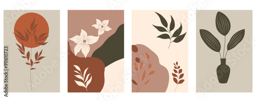 Set of minimalist botanical art prints featuring abstract plant illustrations, autumn postcards, posters or covers with leaves and flower. Modern wall decor, sale banner, or flyer design, gallery wall