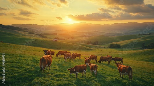 A herd of cows in the green pasture, a group of calves playing around them, with rolling hills and a beautiful sunset in the background, 