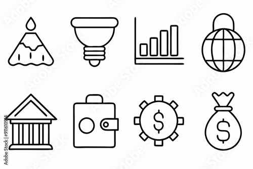 Finance line icons set. Money payments elements outline icons collection. Currency, money, bank, cryptocurrency, check, wallet, piggy, balance, safe, loan

