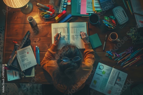 A student is diligently studying late at night, surrounded by books, stationery, and a lamp. The scene conveys dedication and hard work towards academics, preparing for exams and gaining knowledge photo