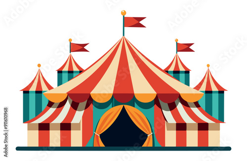 Colorful striped circus tent with entrance and flags. Vector illustration