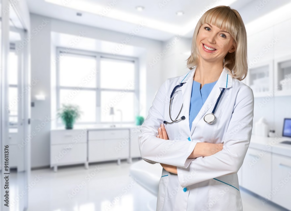 Happy beautiful doctor woman in uniform standing in medical office Happy beautiful doctor woman in uniform standing in medical office