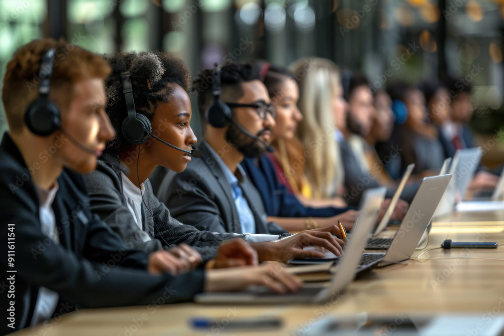 Group of young multiethnic people sitting in row and working as call center operators wearing headsets. Focus on black woman working on laptop and talking to customer. Group of young multiethnic people sitting in row and working as call center operators wearing headsets. Focus on black woman working on laptop and talking to customer.