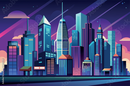 Colorful city skyline with tall buildings at night. Vector illustration