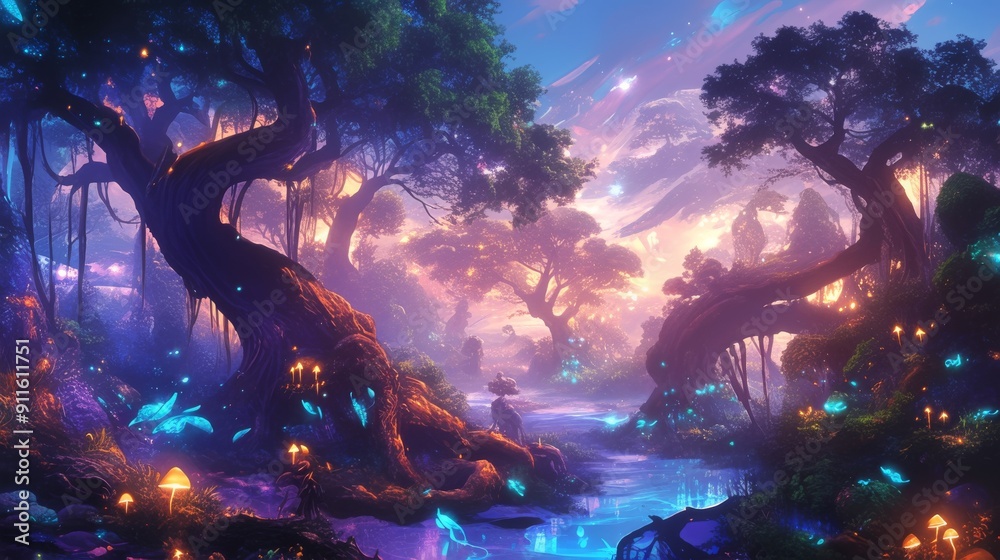 Fototapeta premium Fantasy forest with vibrant glowing plants and a flowing river under a mystical sky