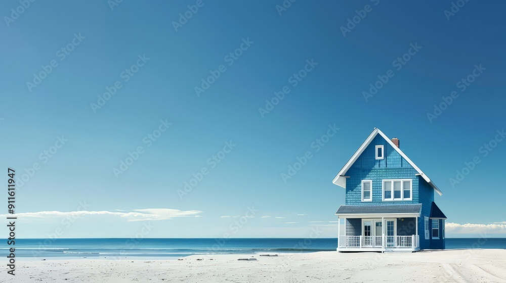 A charming blue house stands alone on a sandy beach by the calm ocean A charming blue house stands alone on a sandy beach by the calm ocean