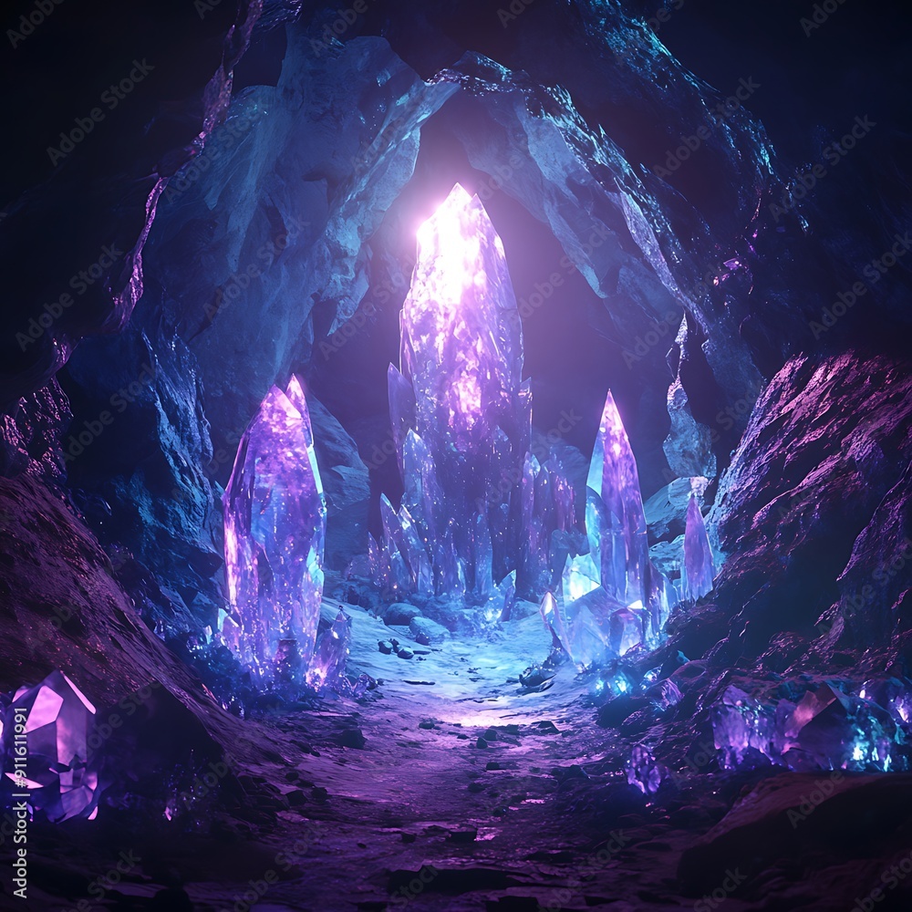 Etherial Enchantment: 3D Illustration of Luminous Mystical Cave with Glowing Crystals Etherial Enchantment: 3D Illustration of Luminous Mystical Cave with Glowing Crystals