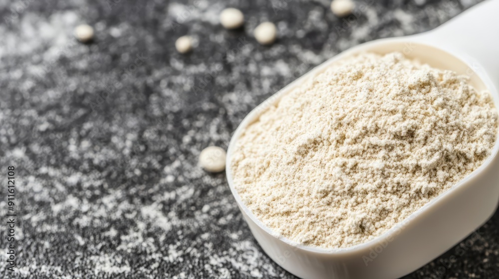 Close-up of whey protein powder in a scoop, emphasizing texture and granularity, sports and fitness supplement Close-up of whey protein powder in a scoop, emphasizing texture and granularity, sports and fitness supplement