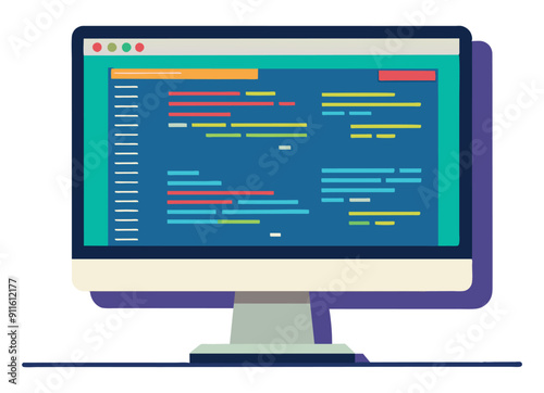 Modern desktop computer screen displaying code with colorful syntax highlighting. Vector illustration