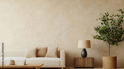 Cozy Wabi-Sabi style living space with warm neutral hues, rough textured wall, and simple decor, peaceful ambiance