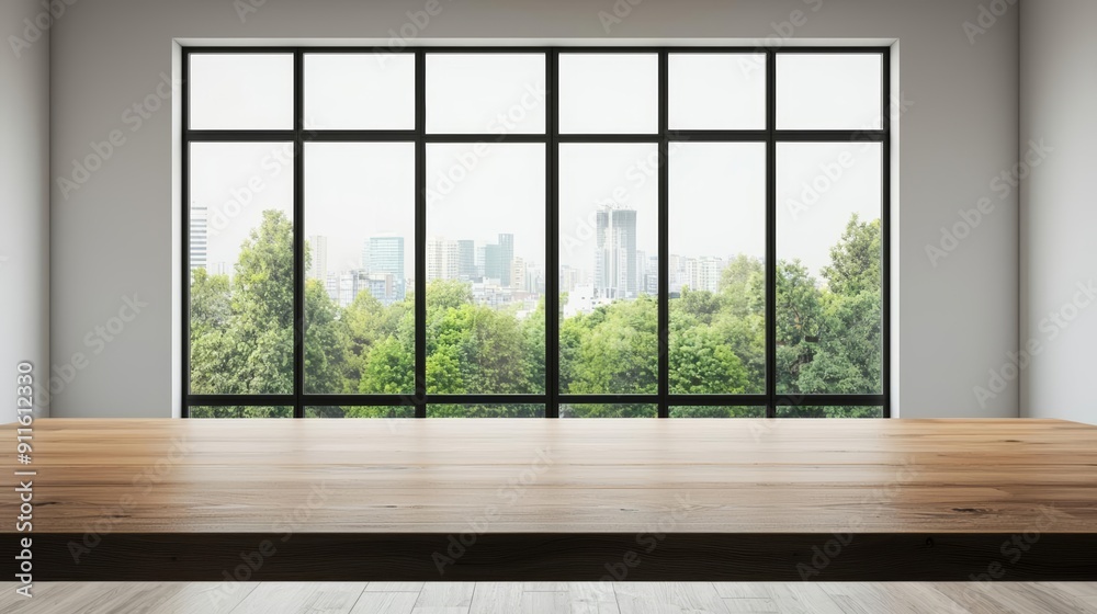 Empty meeting room with a wooden table, large windows, and views of green urban spaces, eco-friendly office Empty meeting room with a wooden table, large windows, and views of green urban spaces, eco-friendly office