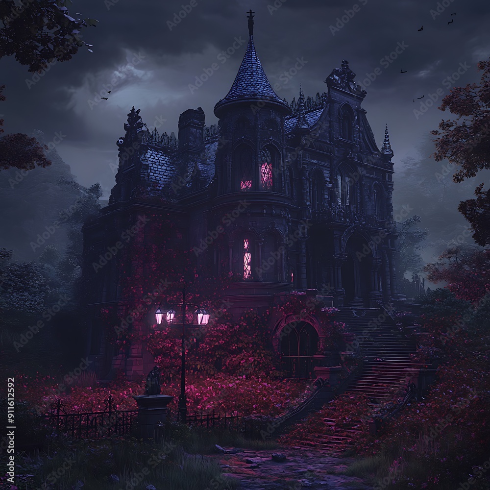 Obraz premium Eerie 3D Illustration of a Gothic Haunted Mansion with Dark Atmosphere and Detailed Installations.