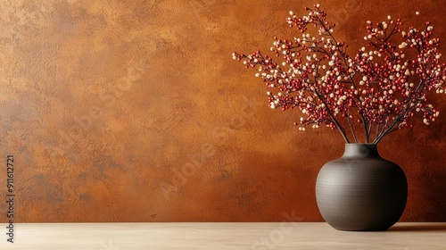 Warm-toned minimalist interior with Wabi-Sabi elements, grungy wall, and Japanese-style decor, serene and elegant