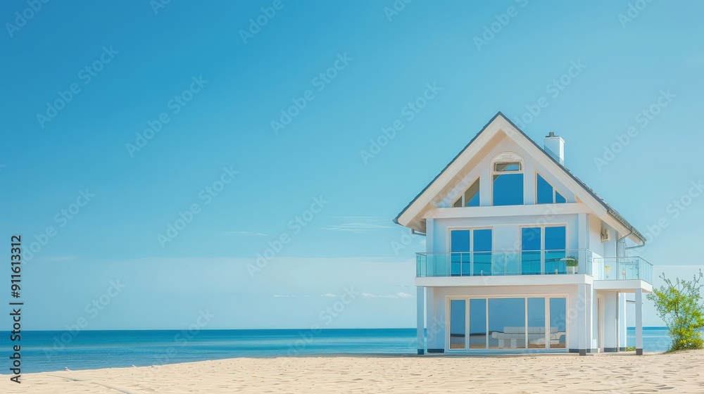 A modern house stands peacefully by a sandy beach under a clear sky