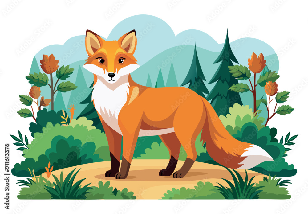 Naklejka premium A red fox standing in a green forest. Vector illustration
