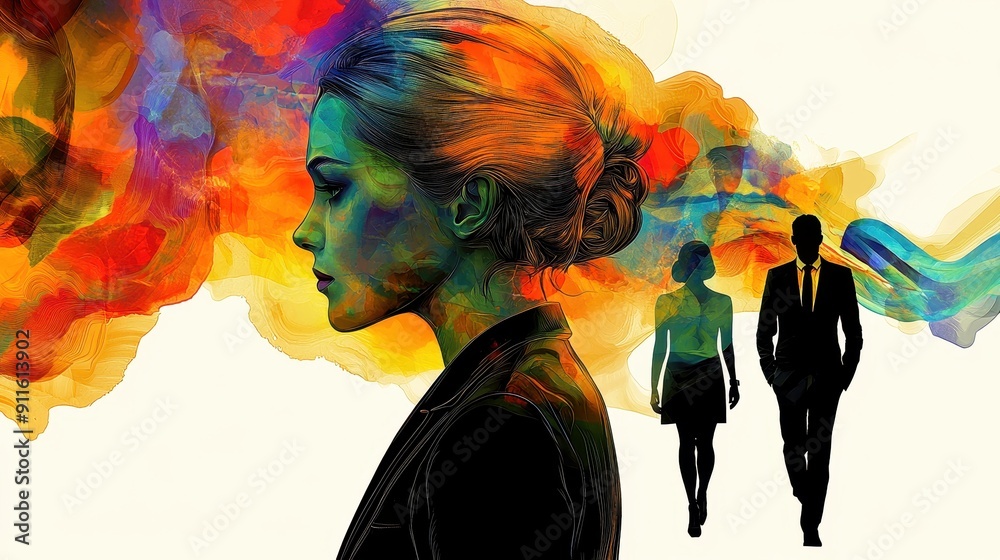 Vibrant silhouette of individuals with colorful abstract background, symbolizing emotions and relationships in artistic expression. Vibrant silhouette of individuals with colorful abstract background, symbolizing emotions and relationships in artistic expression.