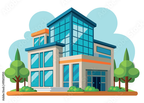 Modern glass building with trees and blue sky. Vector illustration