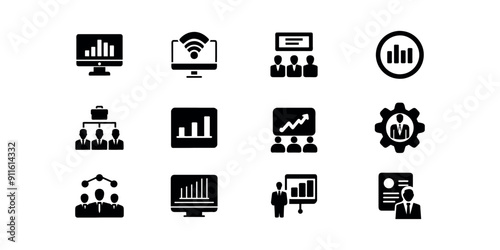 Business managament, iot, big data solid icons. 