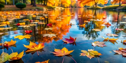 Autumn Leaves Afloat in a Tranquil Pond, Close-up of vibrant yellow, red, and orange leaves floating on a still blue pond, Autumn, Nature, Photography